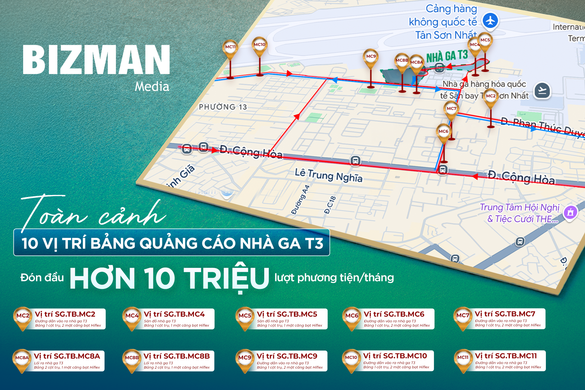 Toàn cảnh 10 vị trí bảng pano tại đường dẫn ra vào nhà ga T3 - cảng HKQT TSN