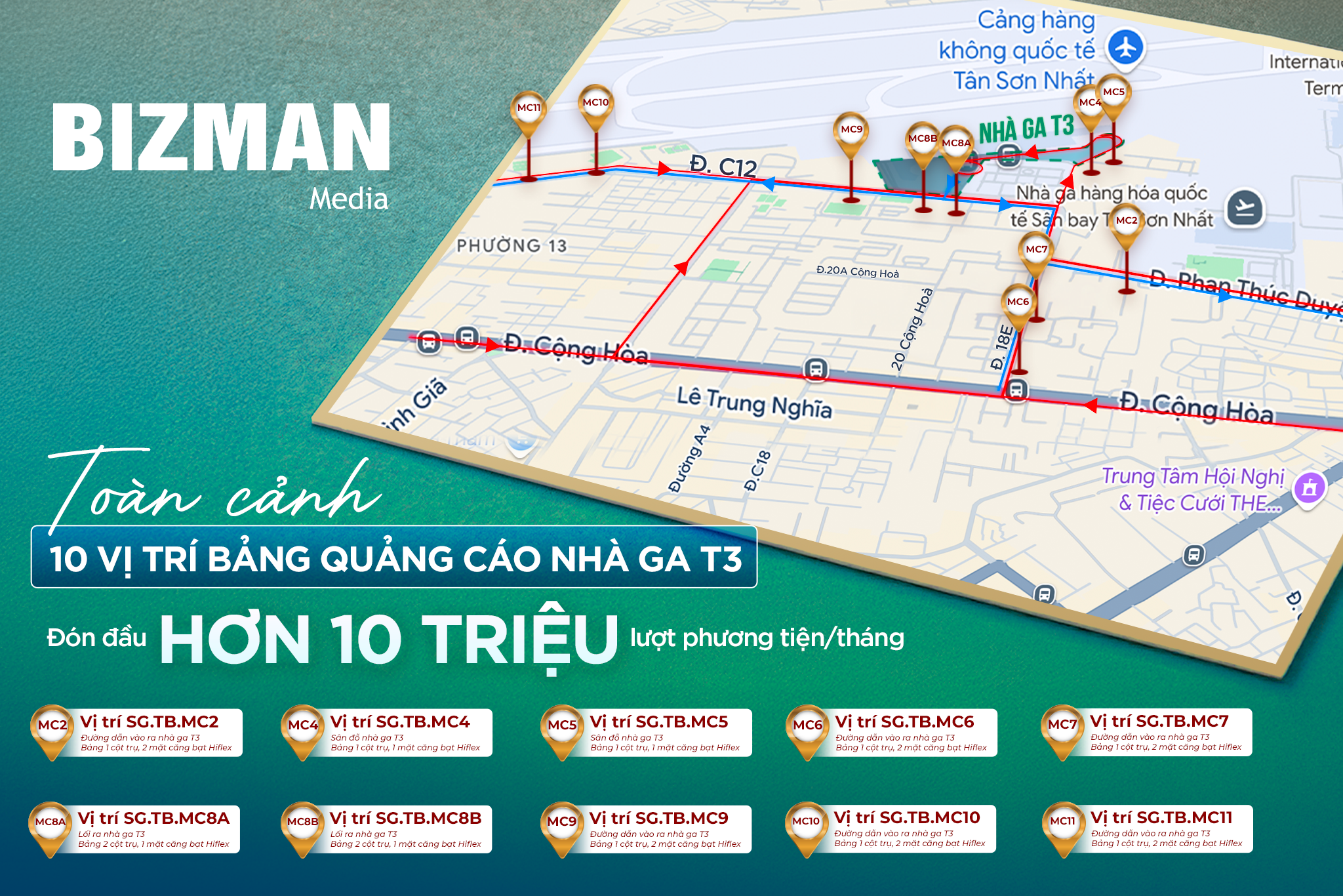 Toàn cảnh 10 vị trí bảng pano tại đường dẫn ra vào nhà ga T3 - cảng HKQT TSN 